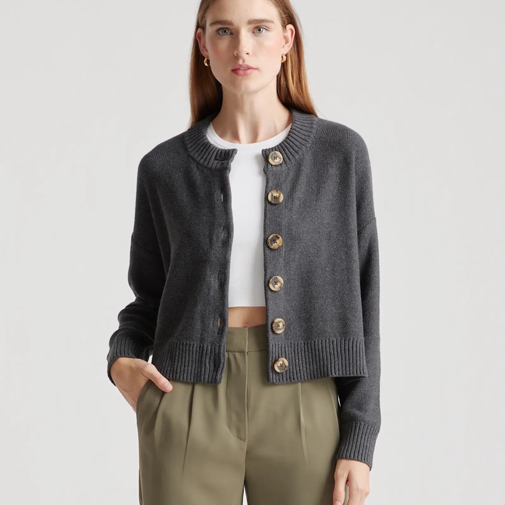 Quince 100% Organic Cotton Cropped Cardigan Large Charcoal